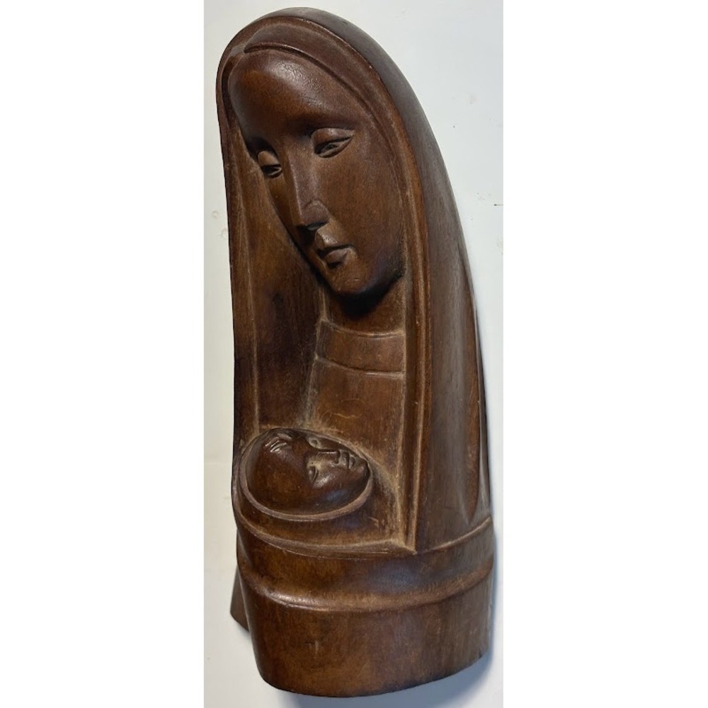 Vintage Hand Carved Wood Madonna and Child Bust Sculpture Religious Art Statue